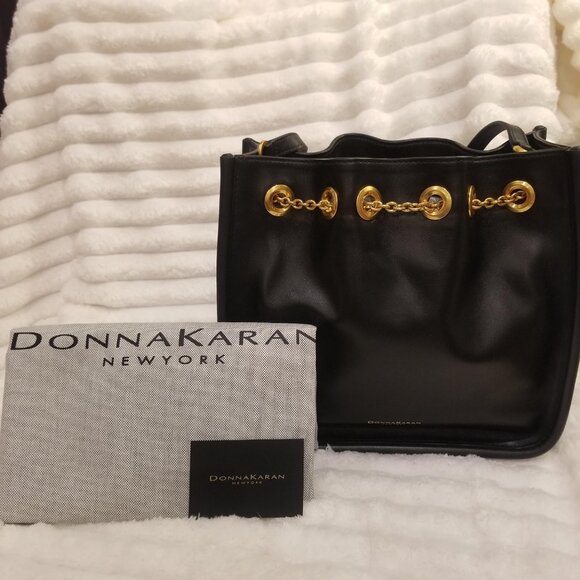 Donna Karan New York Plainview Chain Drawstring Crossbody Bag in Black - Picture 1 of 15